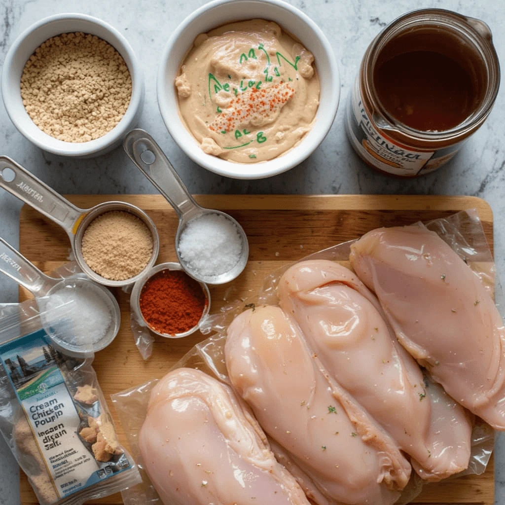 Overhead view of measured spices (garlic powder, onion powder, paprika, salt) alongside a can of soup, diced tomatoes, ranch seasoning packet, chicken thighs, and chicken broth.