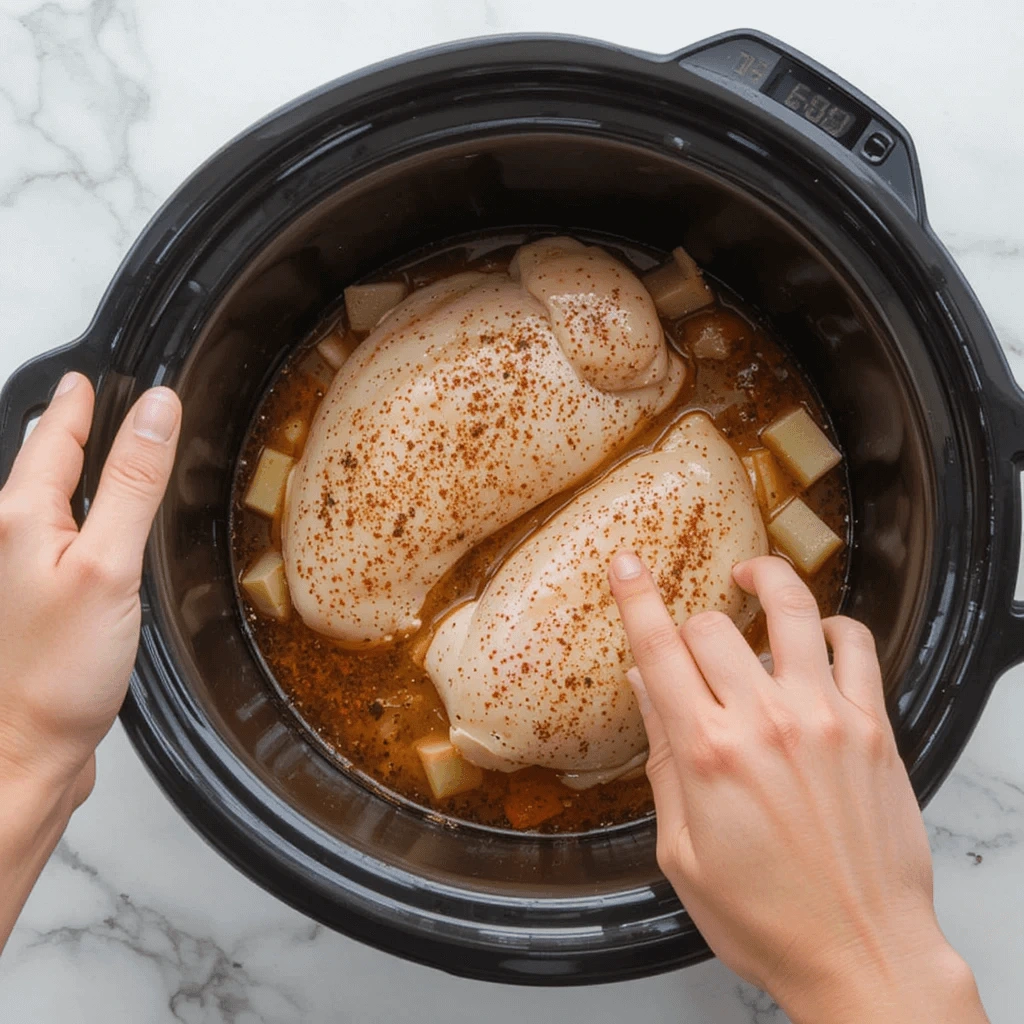 Hands adding raw chicken breasts into a crockpot that already contains soup, broth, and spices; timer set to six hours on low.