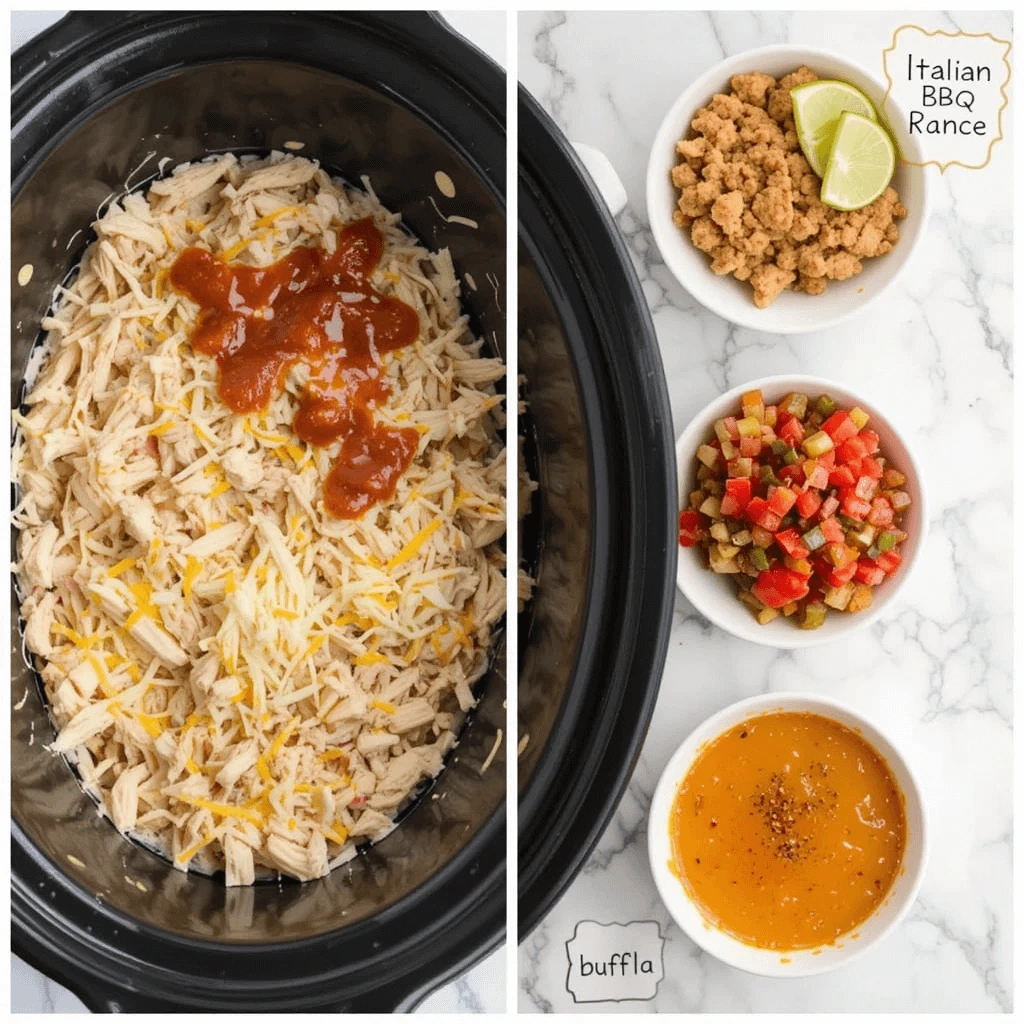 Split image: shredded chicken mixing with cheese in crockpot on left; three bowls of BBQ ranch, salsa with lime, and honey‑garlic sauce on right with a note listing flavor variations.