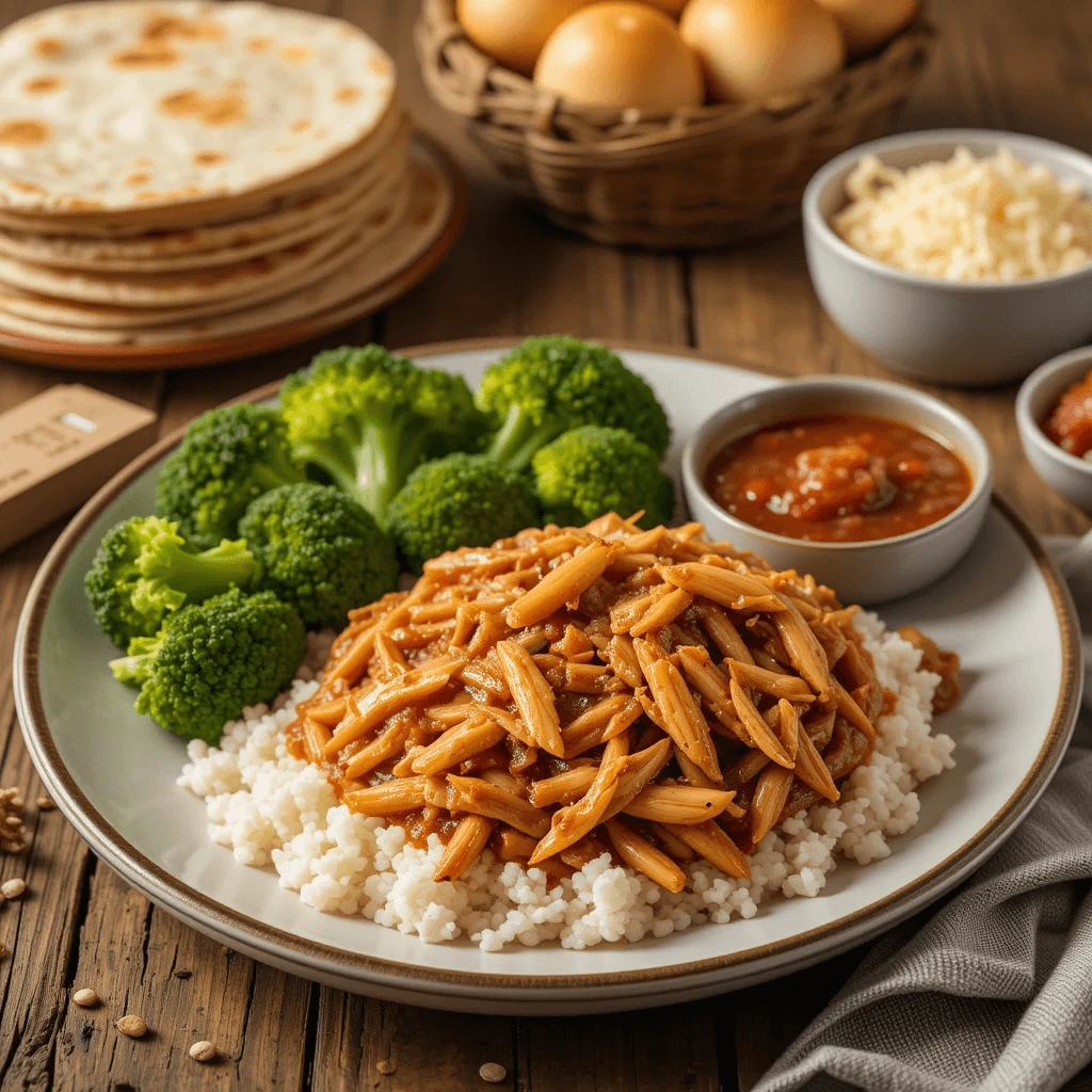 Shredded crockpot chicken served over rice with steamed broccoli, tortillas, dinner rolls, and shredded cheese on a wooden table.